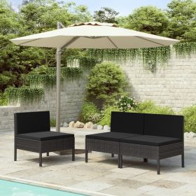 Patio Chairs 3 pcs with Cushions Poly Rattan Black (Color: Black)