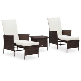 3 Piece Patio Lounge Set with Cushions Poly Rattan Brown (Color: Brown)